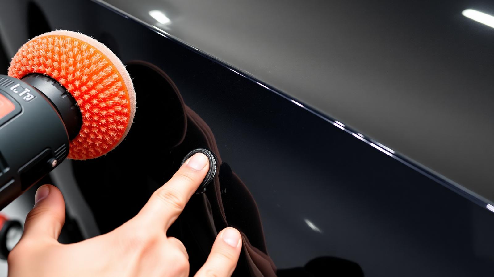 Machine polisher with an orange foam pad correcting swirl marks on new black paint