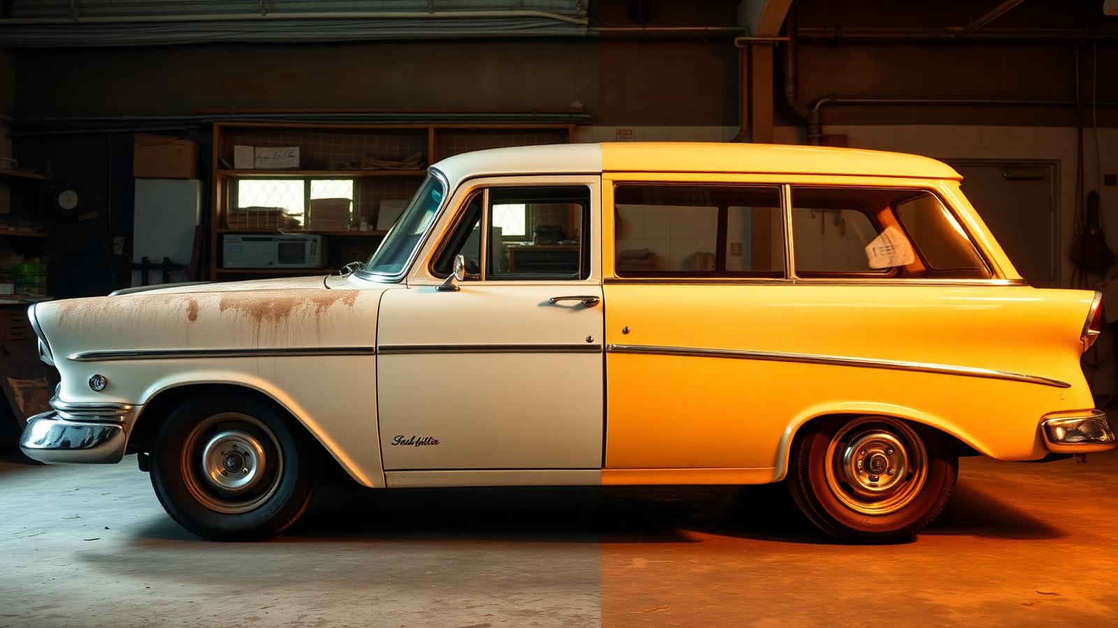 Classic station wagon in a workshop with one side dull and the other freshly restored