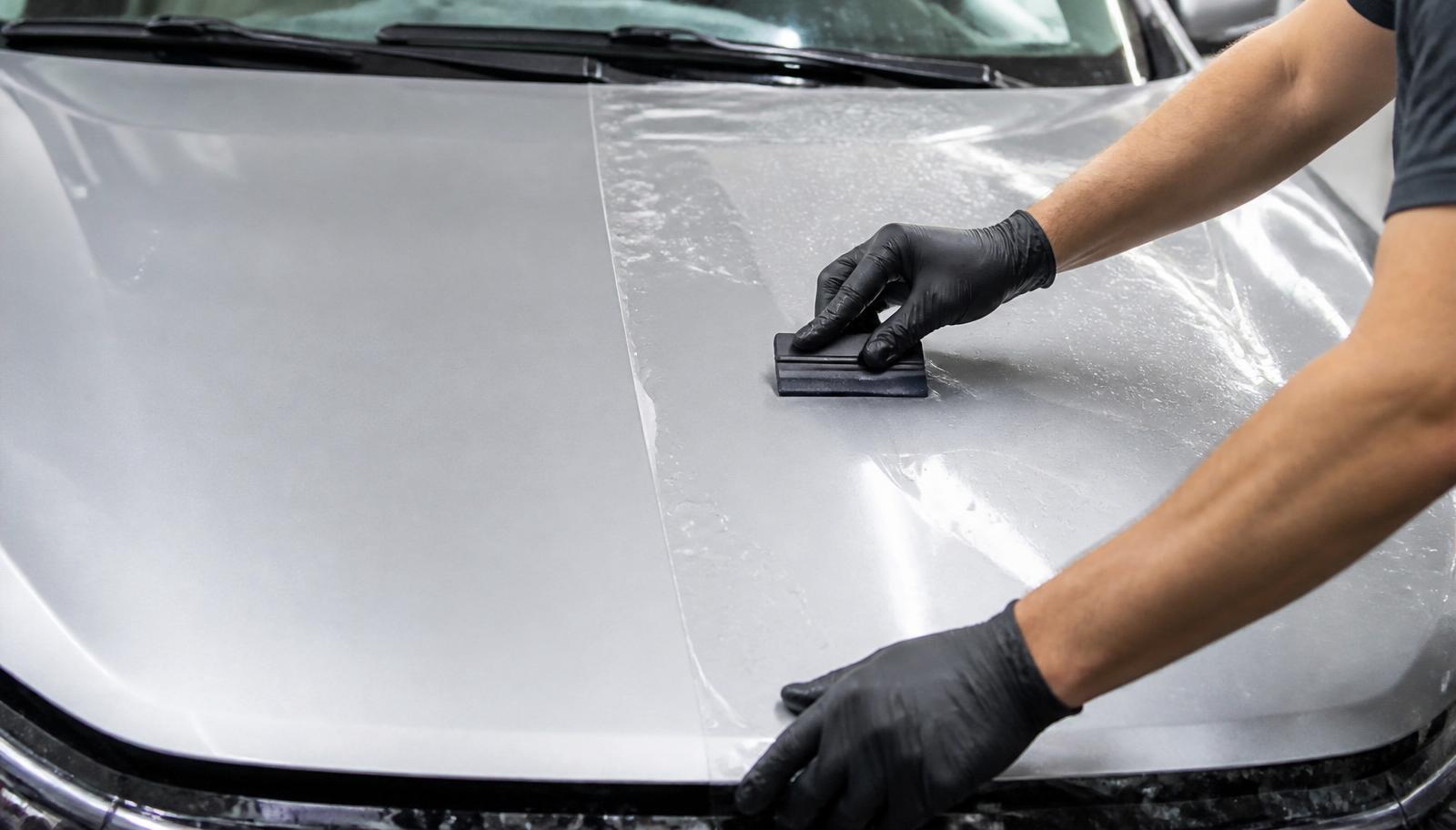 Detailer squeegeeing clear paint protection film onto the bonnet of a silver car during installation