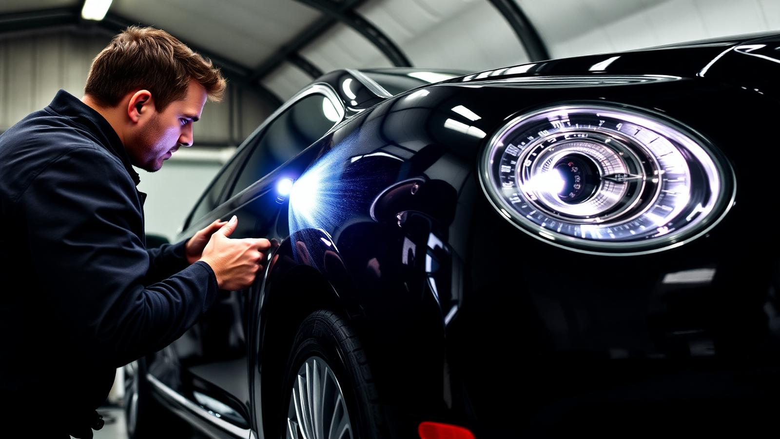 Detailer inspecting the deep black paint of a luxury sedan with an inspection torch
