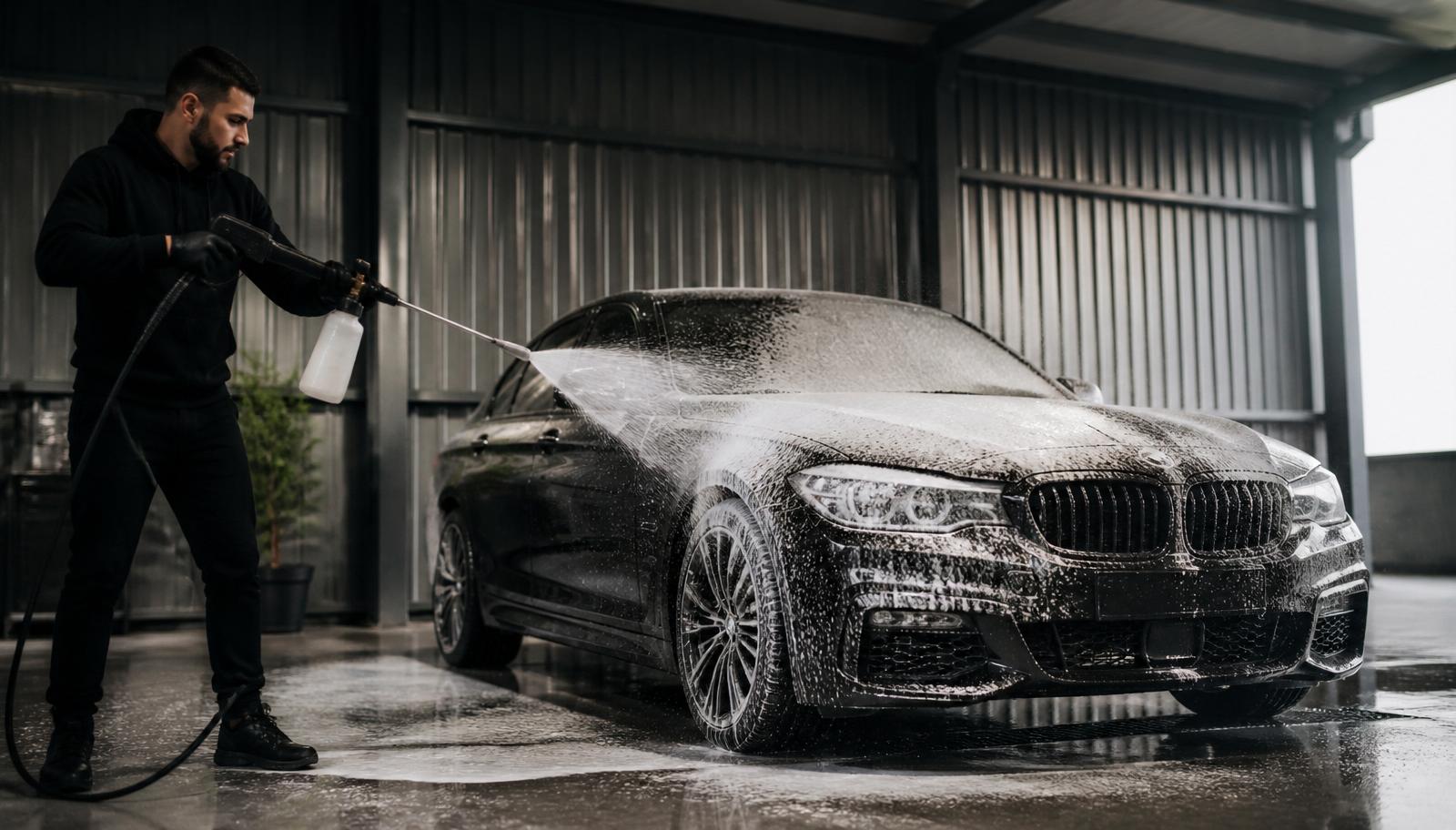 Professional detailer applying snow foam to a black BMW with a foam cannon inside a covered detailing bay