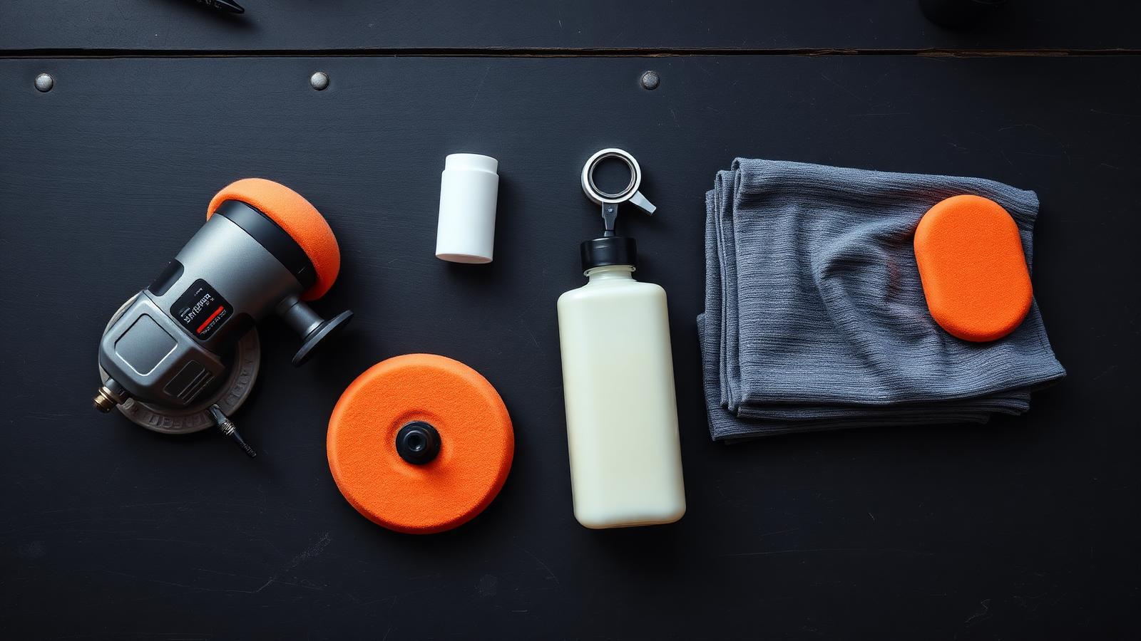 Overhead flat lay of a dual-action polisher, foam pads, polish bottle and microfiber cloths on a dark workbench
