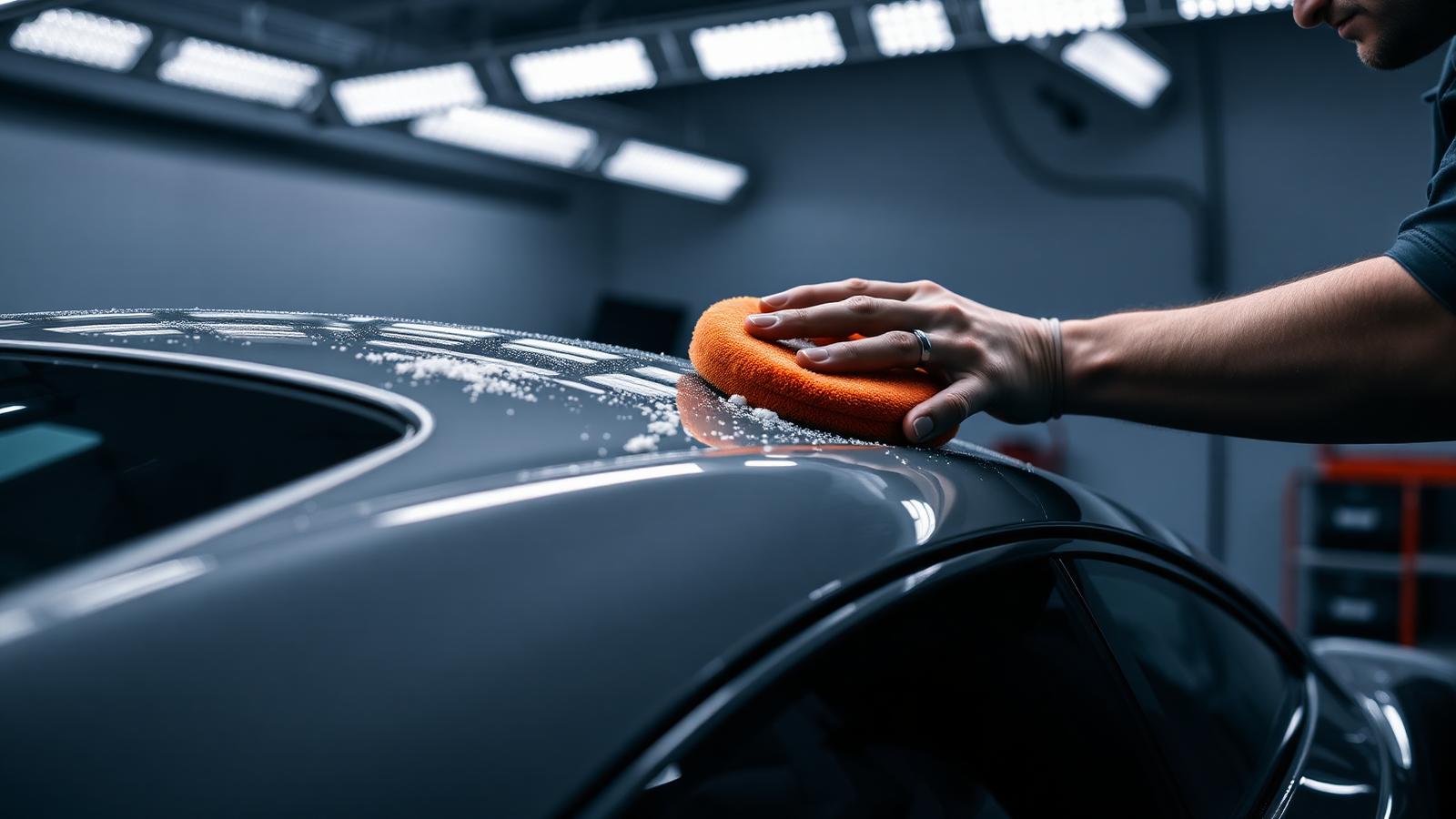 Detailer machine-polishing the roof of a grey sports car under overhead LED studio lights
