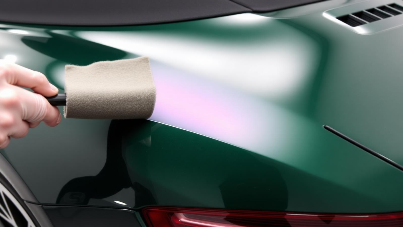 Ceramic coating applied with a suede applicator to a dark green luxury sports car