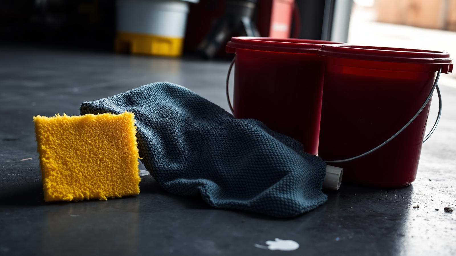 Household sponge next to a proper detailing wash mitt and dual bucket setup on a workshop floor