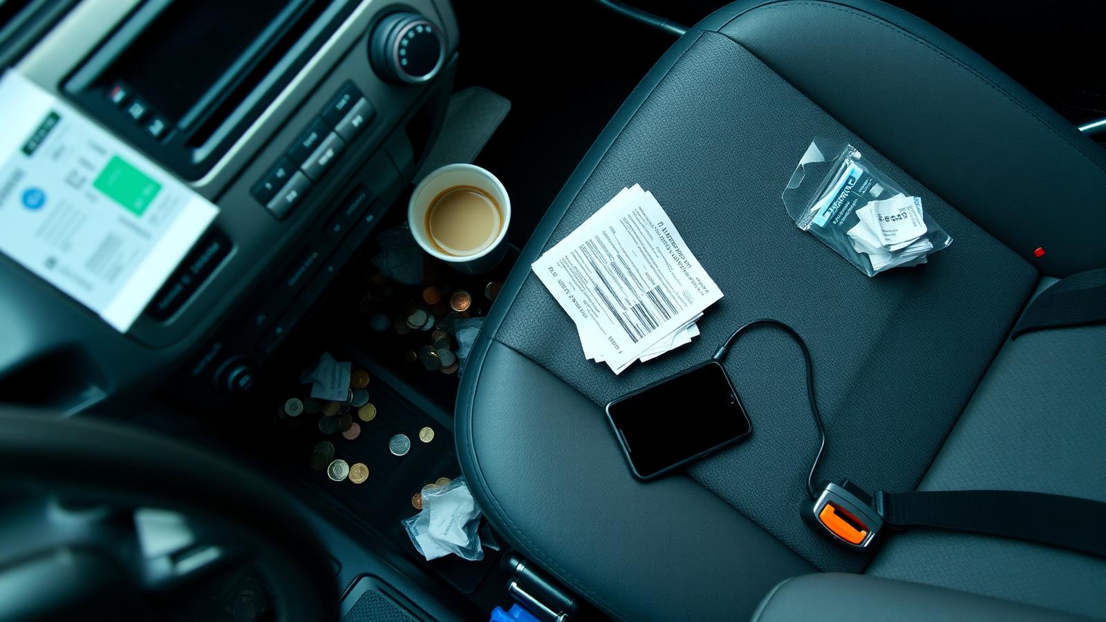 Cluttered car interior with loose coins, receipts, coffee cup and phone before a professional detail