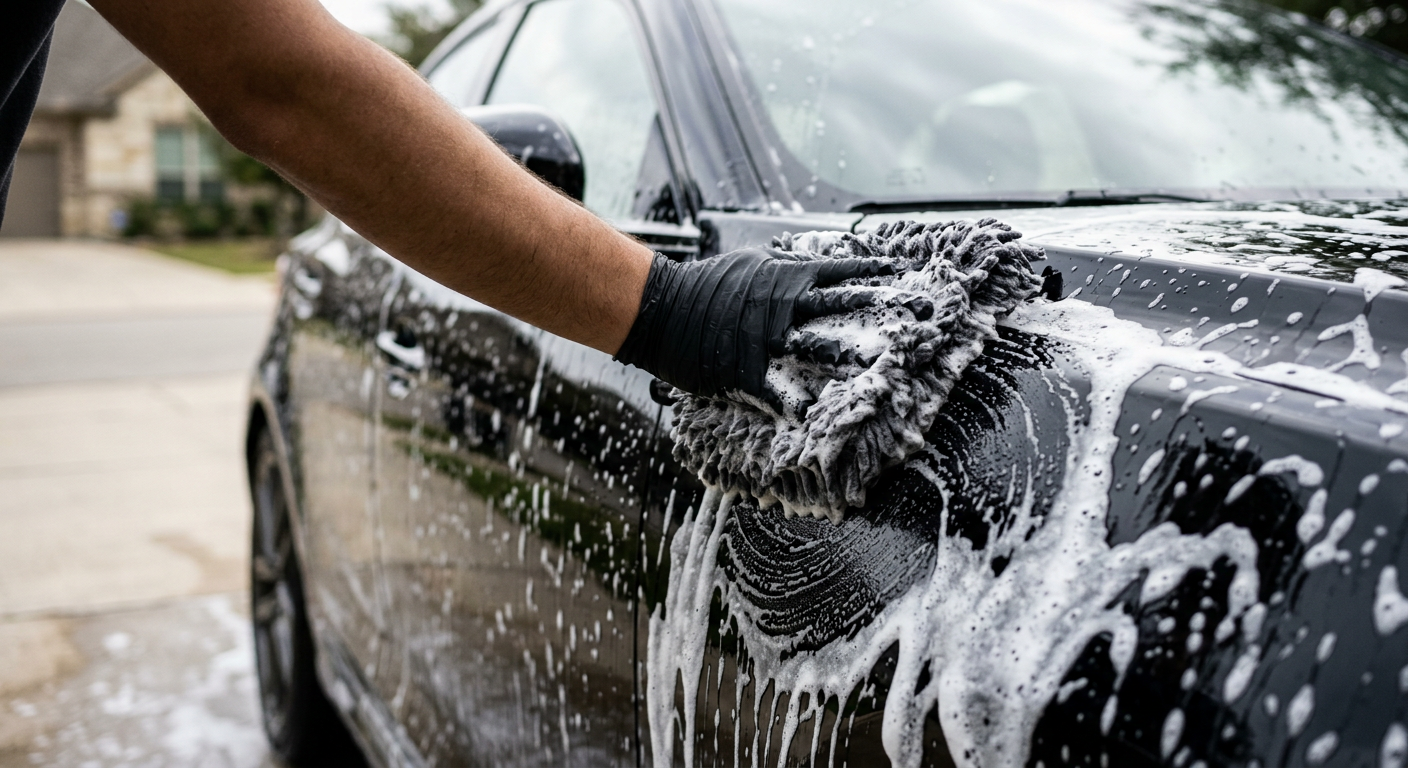 Dark SUV being washed indoors during winter at a detailing studio with rain visible outside