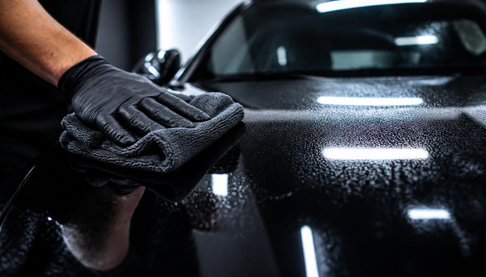 Detailer in black nitrile gloves wiping a glossy black car hood with a microfiber cloth in a professional detailing studio