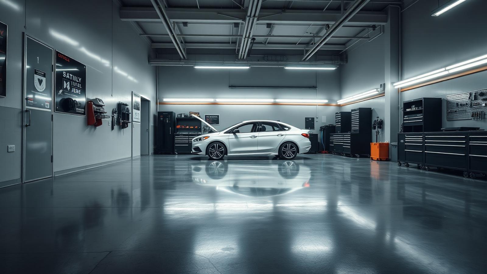 Clean modern Auckland detailing workshop interior with a white sedan and polished concrete floor
