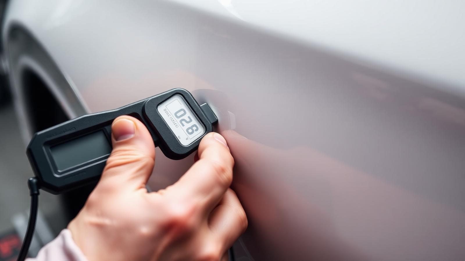 Detailer measuring paint thickness on a pearl white car fender with a digital gauge