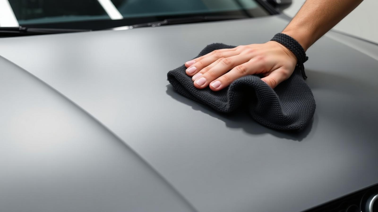Matte grey luxury car bonnet being gently wiped with a plush microfibre towel