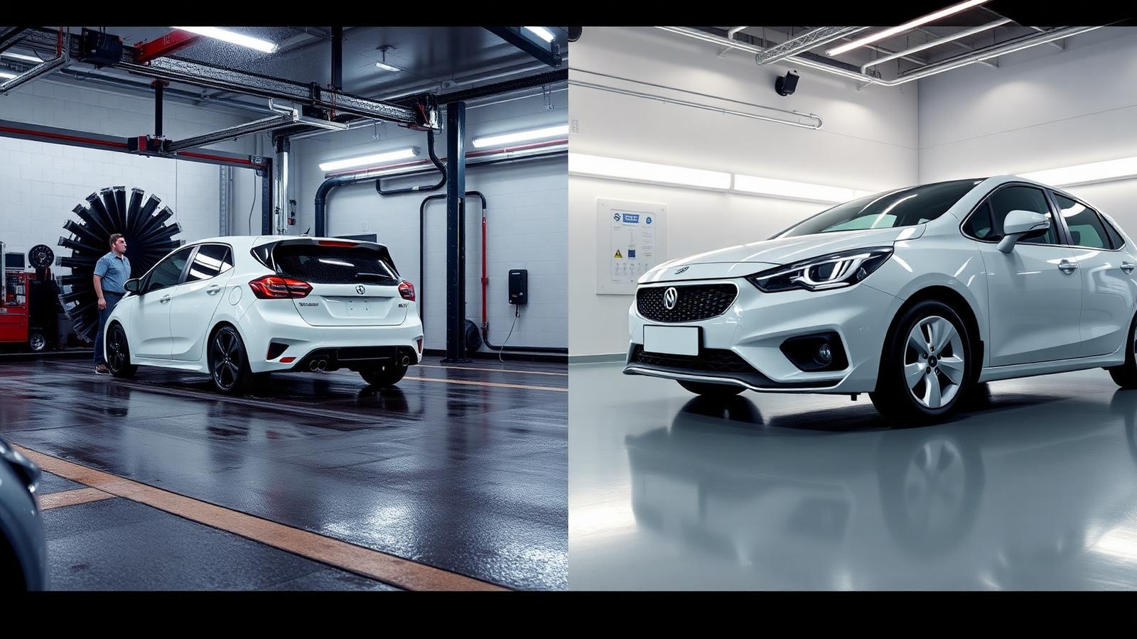 Split view of a hatchback at a drive-through car wash versus in a professional detailing studio