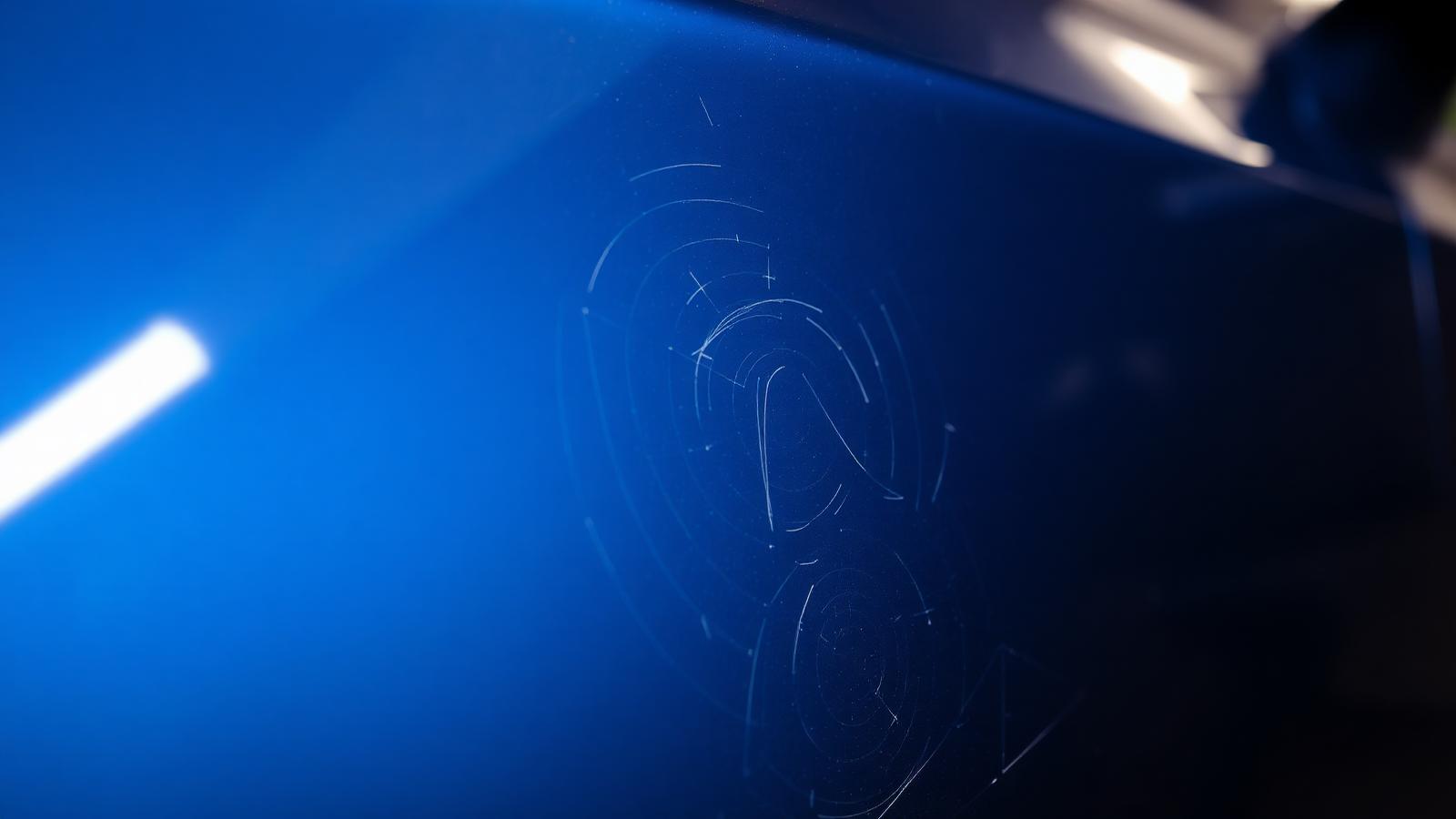Swirl marks and light scratches revealed by an inspection lamp on a dark blue metallic car door