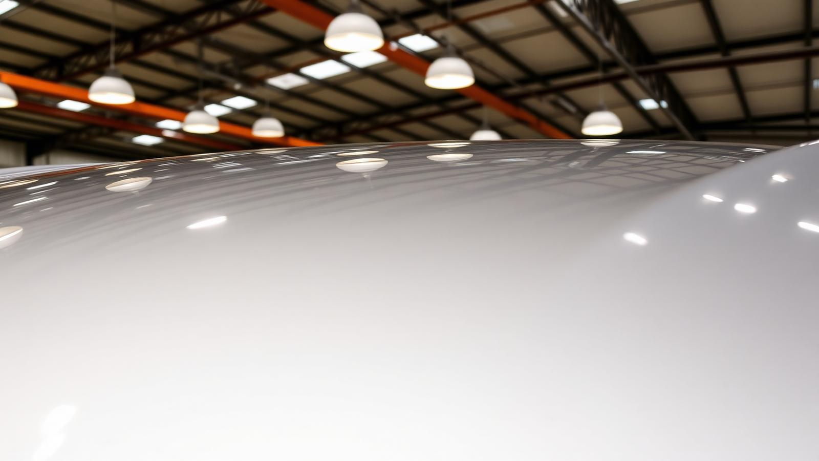 Mirror-like warehouse ceiling reflections on a freshly corrected silver car bonnet