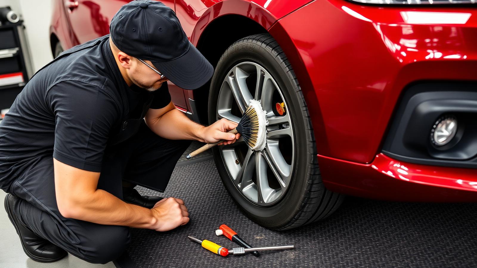 Detailer in a black cap crouched next to a burgundy car cleaning the wheel with a detail brush