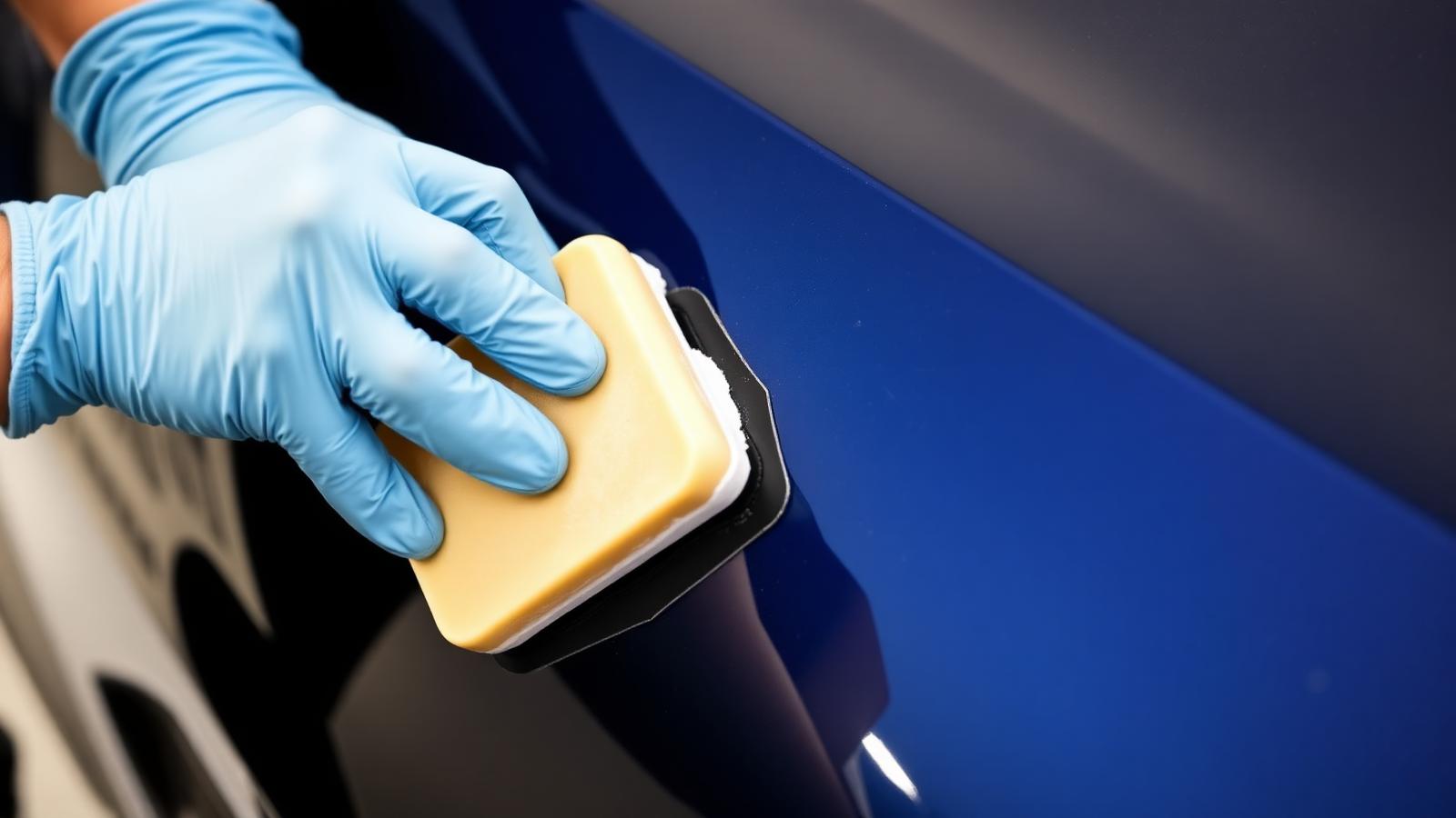 Detailer using a clay bar to decontaminate the paint of a new dark blue car
