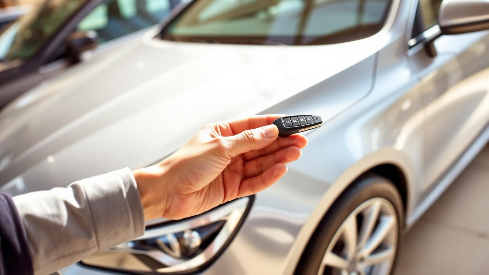 Hand holding a car key fob in front of a shiny new silver car at a dealership