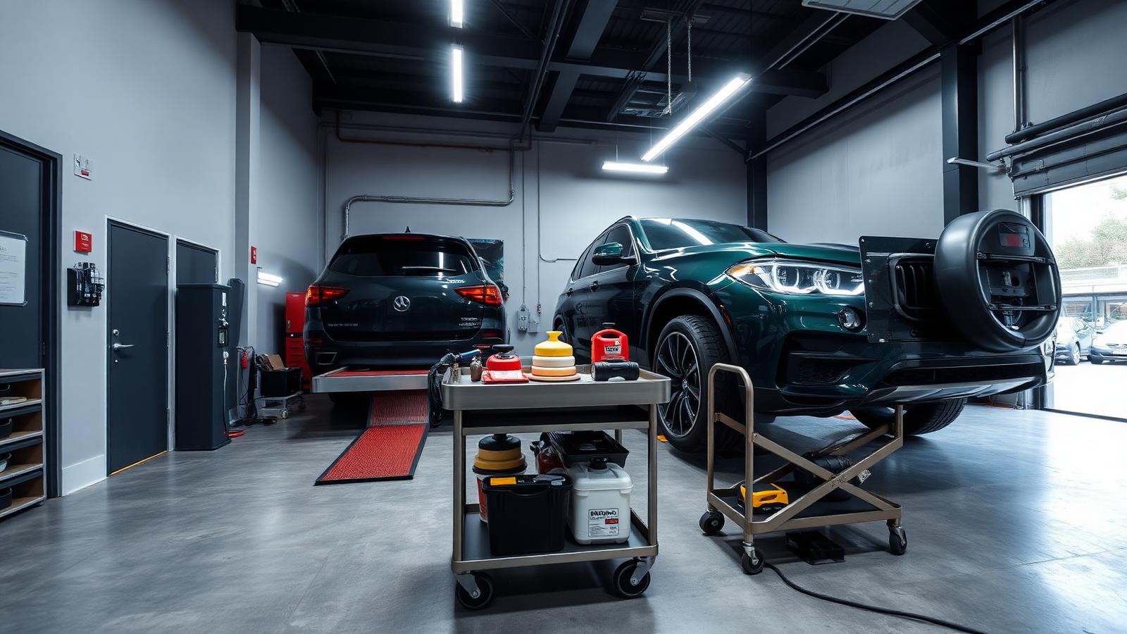 Auckland detailing studio interior with a dark green luxury SUV and rolling tool cart