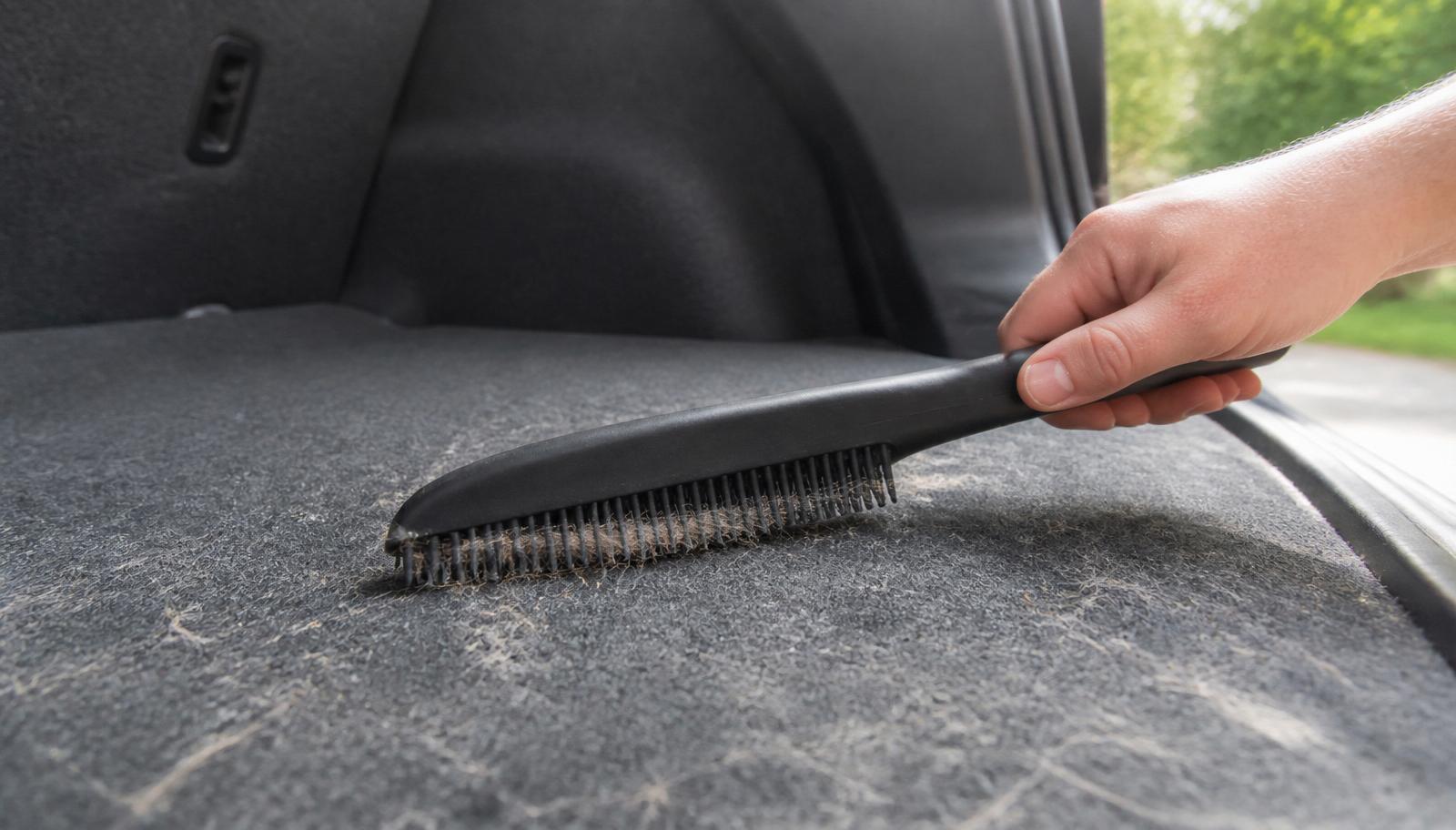Rubber pet-hair brush lifting dog hair from a grey car boot carpet