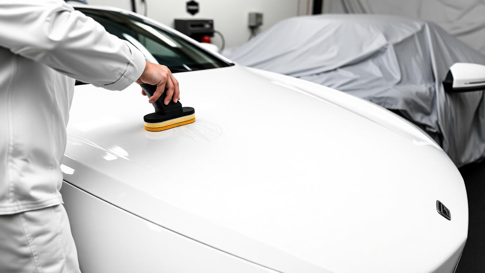 Ceramic coating being applied to the bonnet of a new white luxury car
