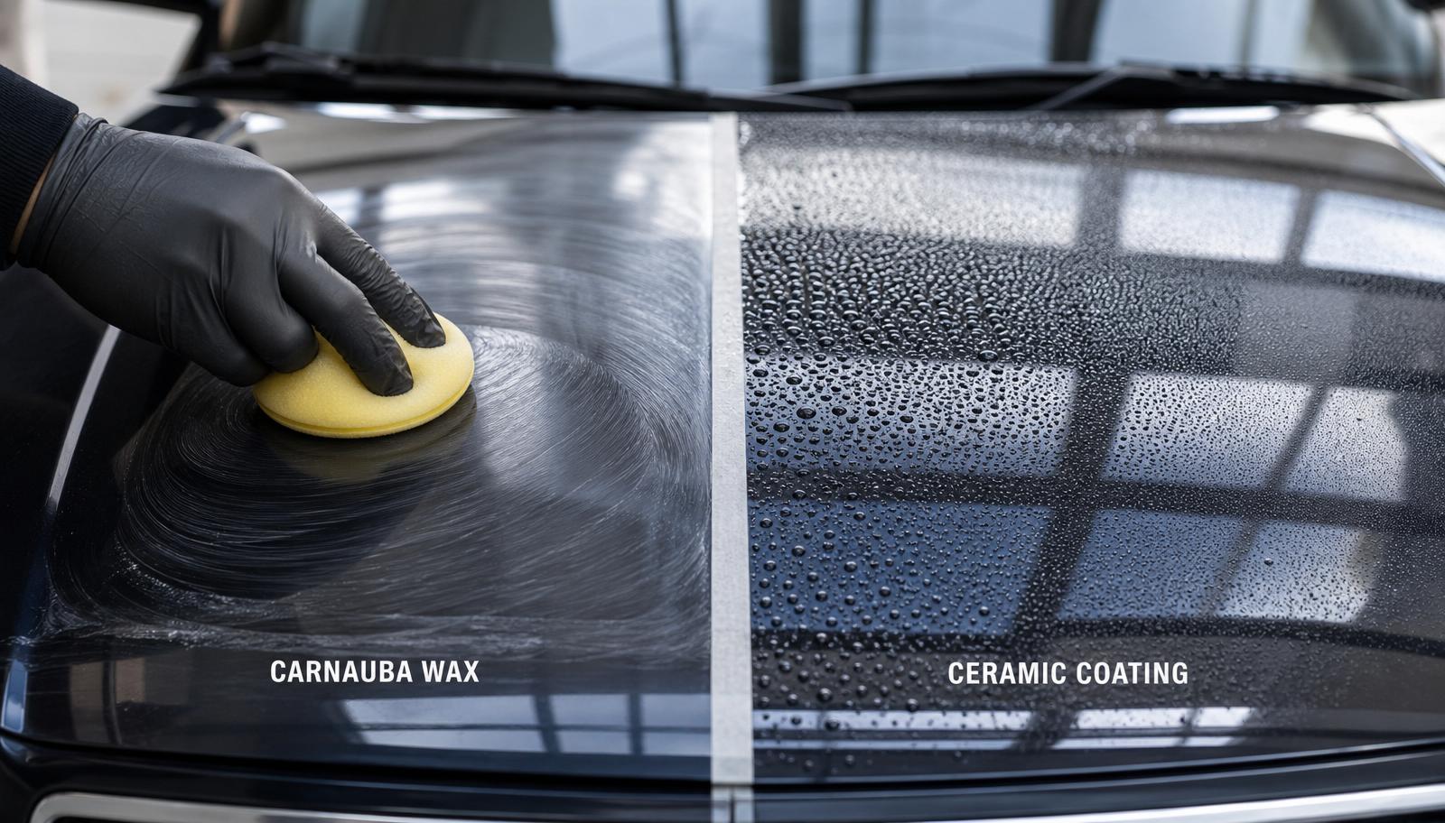Side-by-side comparison of waxed versus ceramic-coated car paintwork