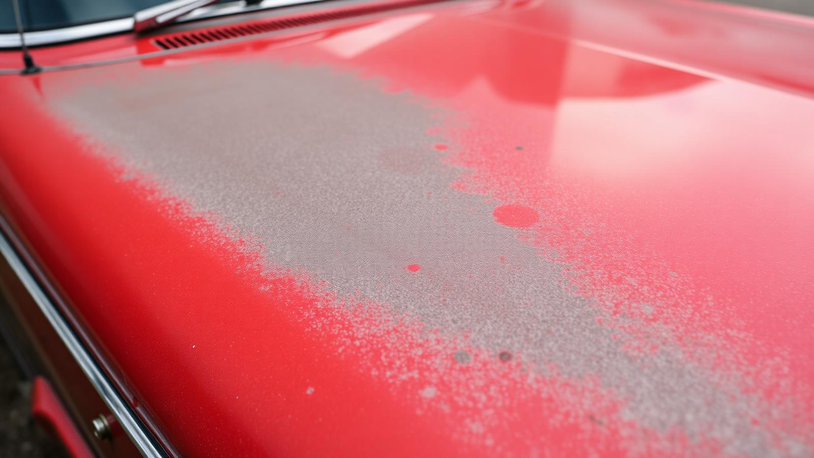 Severely oxidised red car paint with a freshly polished section revealing deep gloss