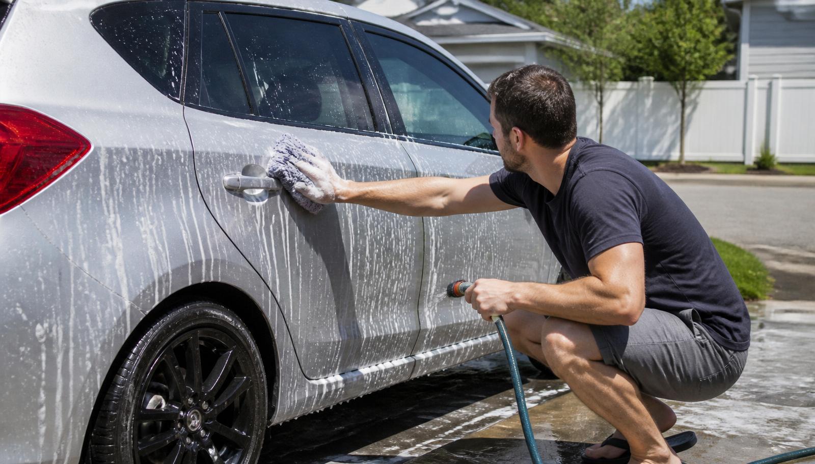 Person washing a silver hatchback in a driveway with a wash mitt and hose, soap suds running down the paint