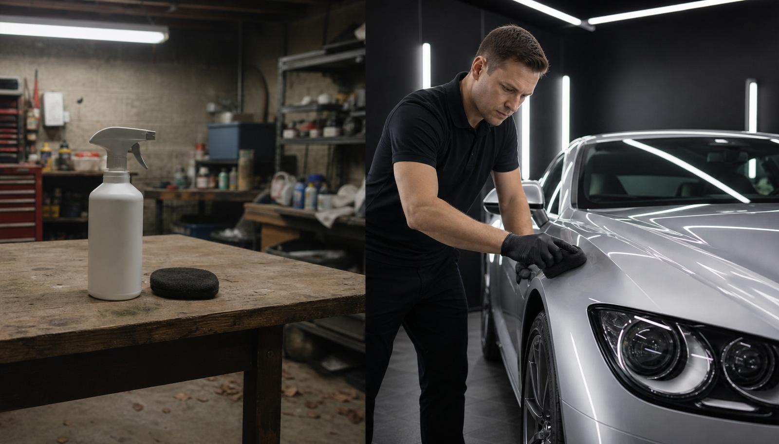 Carfē technician applying ceramic coating to a corrected vehicle panel under inspection lighting in Greenlane Auckland