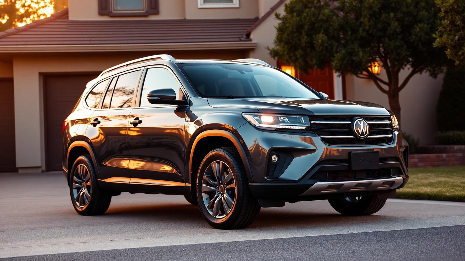 Spotless dark grey family SUV parked outside a suburban home at golden hour