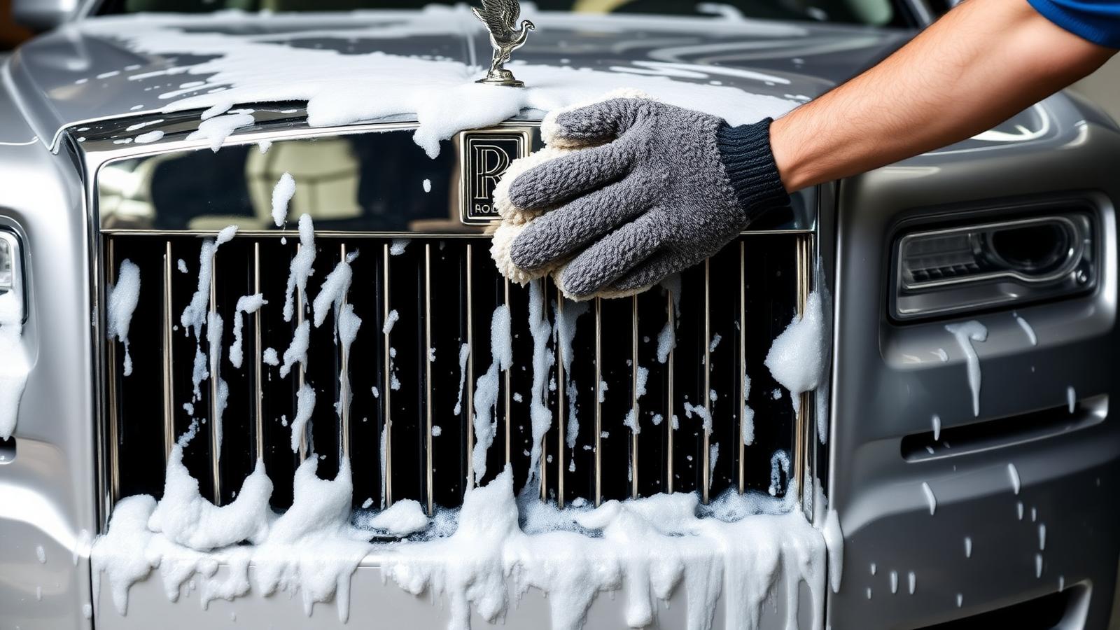Silver prestige Rolls-Royce-style sedan being hand-washed with thick suds