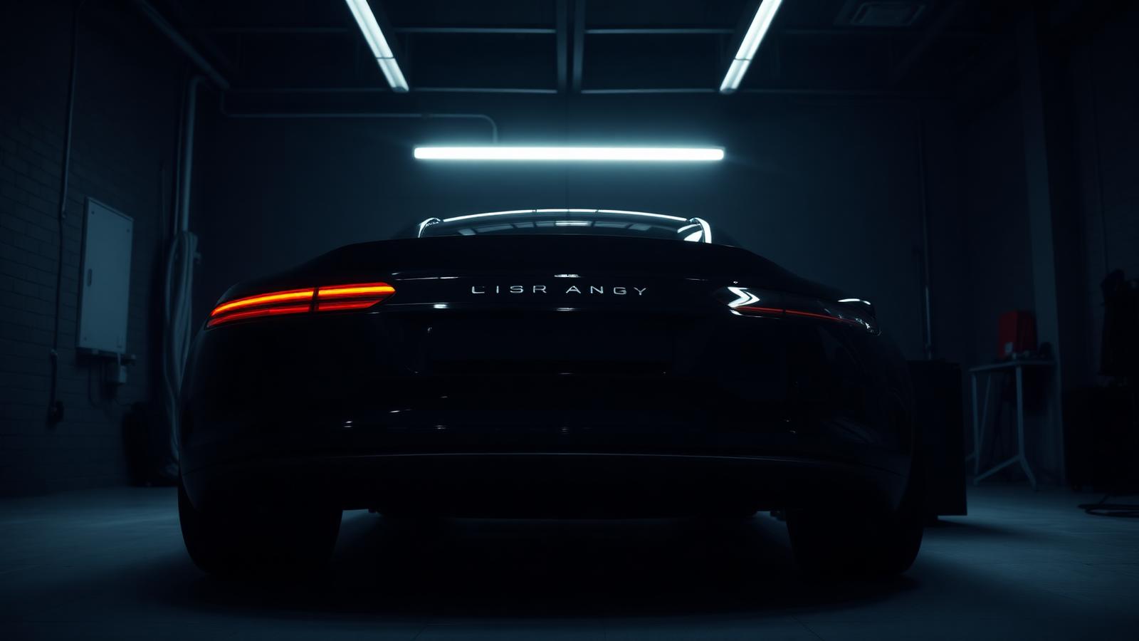 Rear view of a glossy black coupe under a single overhead LED strip in a dark detailing studio