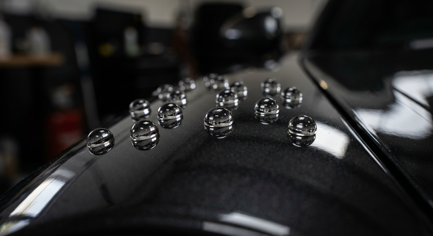 Detailer inspecting fine swirl marks on a ceramic coated black vehicle under studio lighting