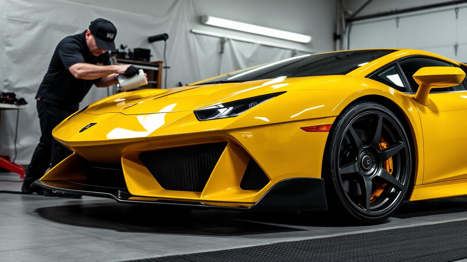 Bright yellow supercar being detailed in a covered studio
